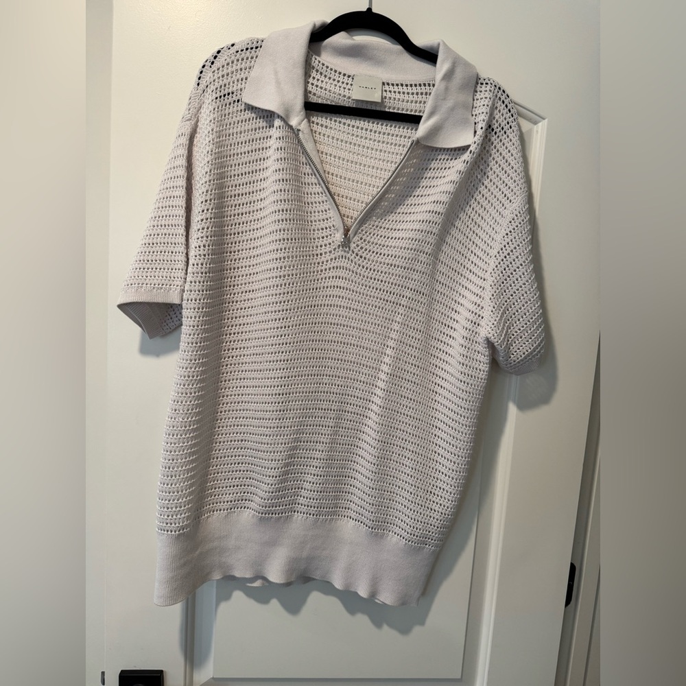 Varley Light Gray Open-Knit Polo Sweater